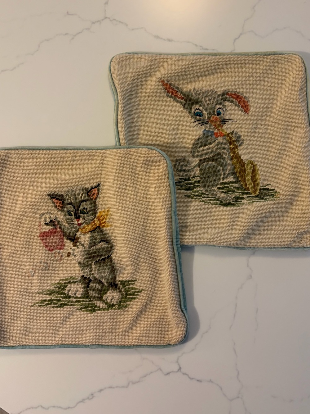 Vintage needlepoint pillow covers set. Back is a zippered Aqua Blue Velveteen.